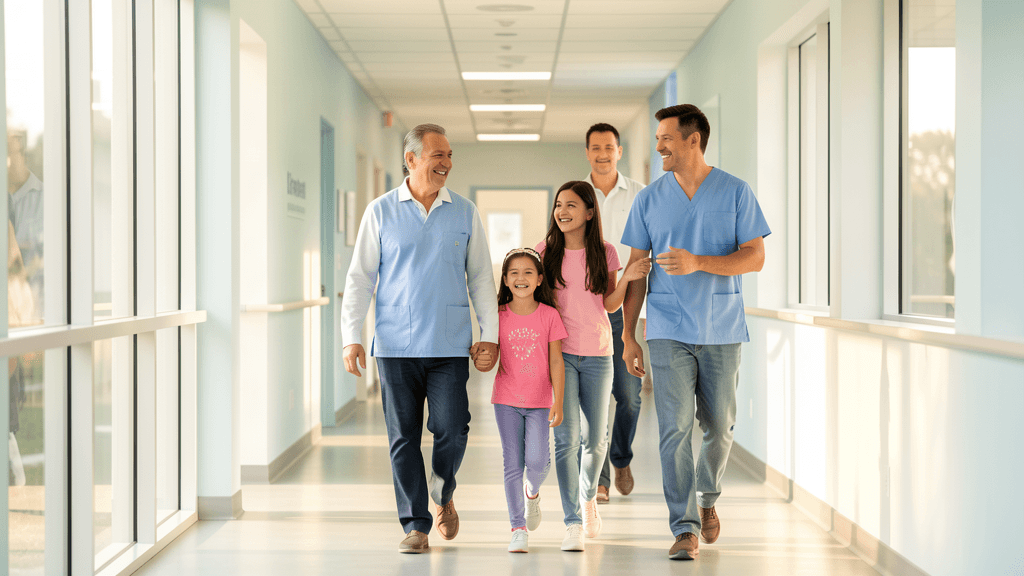 Familia sonriente en clínica moderna